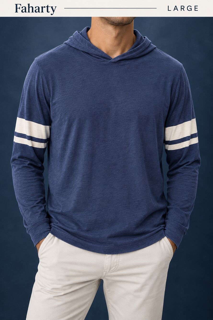 Faherty Sunwashed Hoodie Large Navy Stripe Sleeve NWOT Coastal Pullover